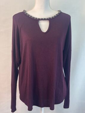 Jennifer Lopez JLO Burgundy Rhinestone Embellished Keyhole Long Sleeve Sweater